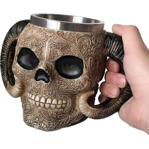 Skull Pattern Horns Beer Mug Cool Coffee Cup Resin Stainless Steel Creative Tea Water Drinkware