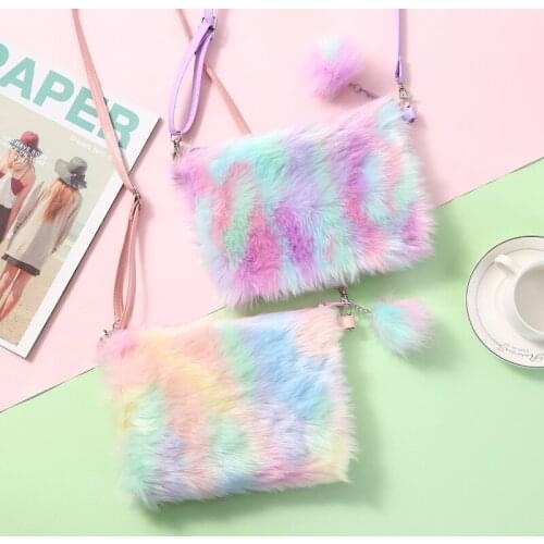 Cute Cartoon Fluffy Fuzzy Rainbow Shoulder Bag Plush Tie Dye Crossbody Childrens Coin Purse