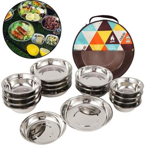 17 in 1 Stainless Steel Plate Set Portable Dinnerware Cooking Plates Bowl for Outdoor Camping Hiking Picnic BBQ Beach