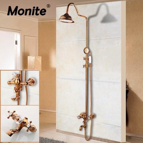 Monite Rose Golden Polish Solid Brass Bathroom Bathtub Shower Set Rainfall Shower Head Crystal 2 Handles Shower Faucet Mixer Tap