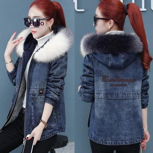 New Womens Denim Jacket Fur Parka Female 2020 Winter Jean Coat Women Jackets Black Denim Coats Woman Outerwear Blue