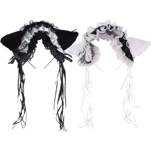 Lolita Lace Bow Ribbon Hairbands For Women Girls Plush Cat Ears Tassels Bell Decor Hair Hoop Lolita Anime Cosplay