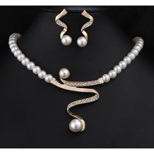 Rhinestone Faux Pearl Beaded Necklace Stud Earrings Bridal Wedding Jewelry Set for Women Elegant Fashion Accessories