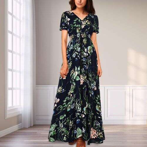 Dresses Woman Party Night WomenS Elegent Ladies Short Sleeve Button Up Split Floral Print V-Neck Dresses Flowy Party Maxi Dress