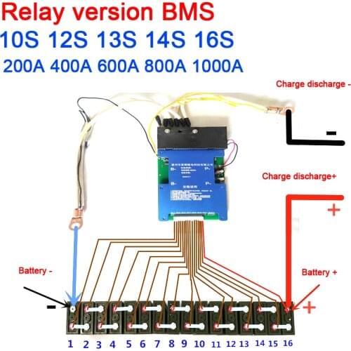Relay 10S 12S 13S 14S 16S BMS 200A 400A 600A 48V Li-ion LifePo4 Lithium Protection Board Balance RV Inverter car start