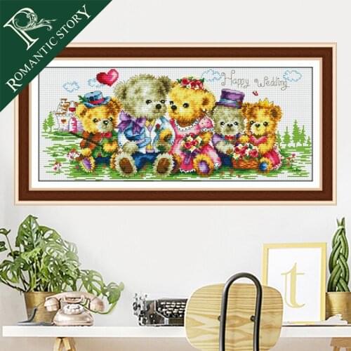 Romantic Story Teddy Bear Family Cartoon Kids Gifts Cross Stitch Needlework DMC Printing Cross Stitch Sets For Embroidery Kits