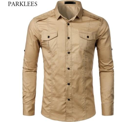 Cotton Cargo Shirt Men Spring Long Sleeve Mens Tactical Twill Work Shirts with Pocket Casual Slim Fit Chemise Homme Khaki S-XXL