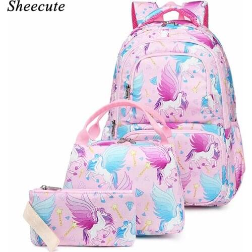 Student School Bag Girls Backpack Shoulder Childrens School Bags Cartoon Printing Kids Backpack Large Capacity Three-piece Sets