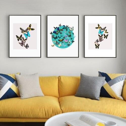 Fresh Sofa Background Decoration Painting Living Room Nordic Colorful Animal Yellow Butterfly Insects Canvas Wall Picture Poster