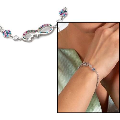 Tesbihane Multicolor Zircon Cubic Zirconia Infinity Design Butterfly Detailed 925 Sterling Silver Women Bracelet