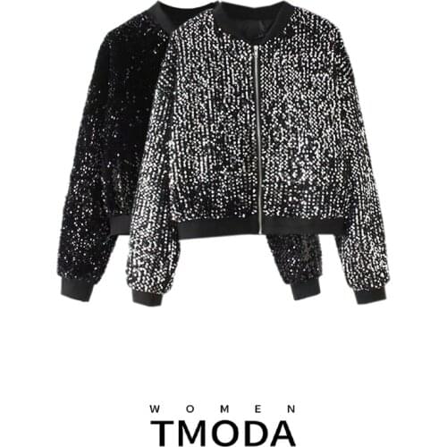 TMODA304 Autumn Women Chic Sequined Jacket Coats Pockets Long Sleeve Zipper Design Outerwear Vintage Female Casual Fashion Tops