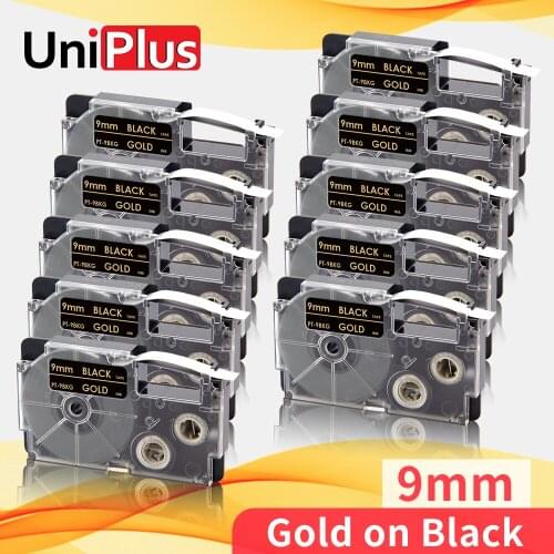UniPlus 10PK Gold on Black 9mm Label Tape Replace Casio Tape XR-9BKG XR9BKG 3/8" Label Cassette for Casio Label Printer KL60 120