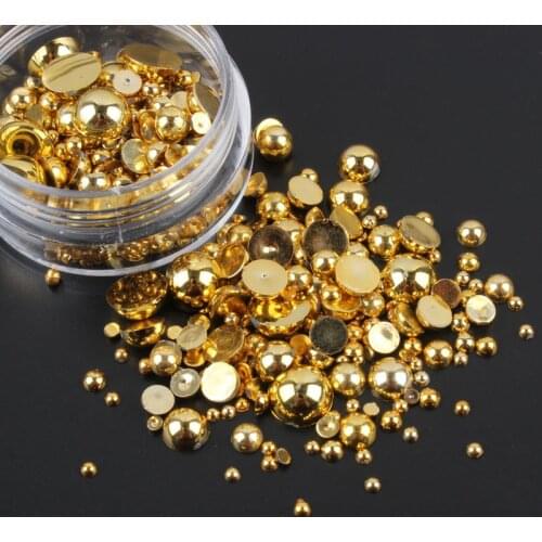 ABS Plastic pearl beads Mix Size Gold About 15g/lot Half Round Flatback for Nail art and Phone Case DIY accessories