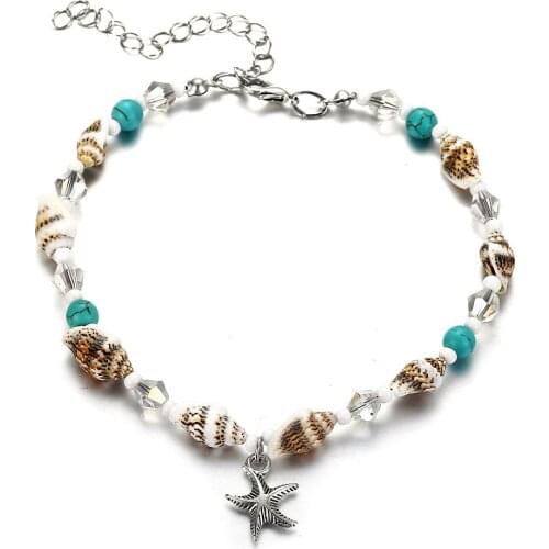 Conch Beads Crystal Chain Bracelet Anklet For Women Antique Silver Color Starfish Pendant Shell Charms Beach Sandal Foot Jewelry