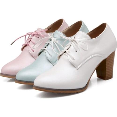 PQECFS Big size 33-43 high quality spring & autumn fashion women solid sweet lace-up oxfords shoes 3 colors