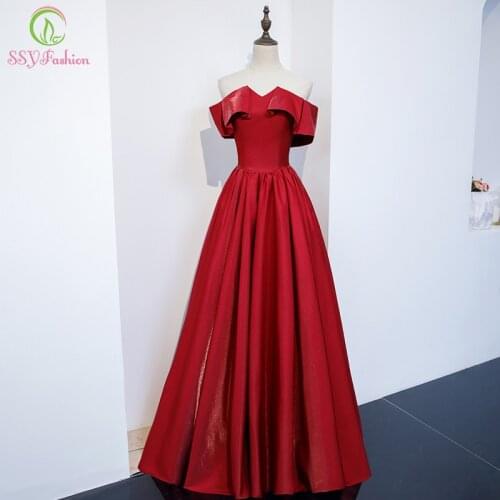 SSYFashion New Satin Evening Dress Banquet Elegant Simple Boat Neck Wine Red Party Long Formal Gown for Women Vestido De Noche