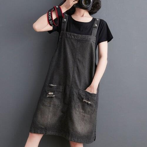 #2455 Black Blue Denim Dress Women Front Pockets Casual Vintage Spaghetti Strap Dress Female Loose Overalls Jeans Dresses Retro