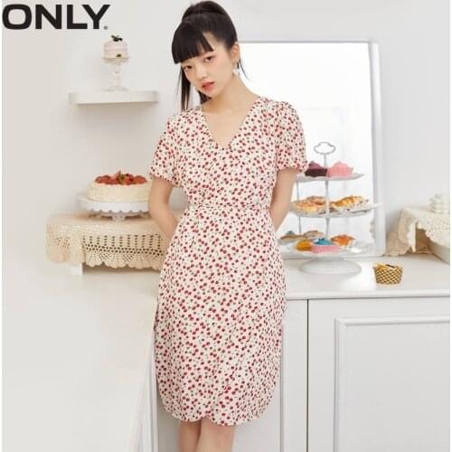 ONLY 2021 summer waist waist floral tie V-neck dress women | 121207114