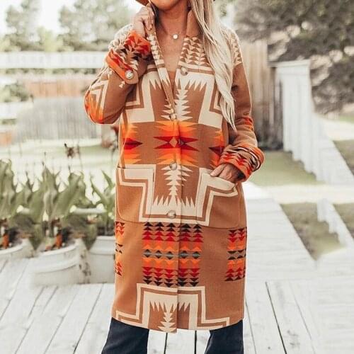 Brown Vintage Geometric Printed Wool & Blends Coat Long Jacket Women Elegant Wide-waisted 2021Autumn New Design Winter Outerwear