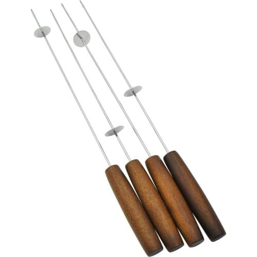 4-12pcs 44cm Useful Stainless Steel BBQ Tools Flat Barbecue Skewer BBQ Roasting Needle Wooden Handle Sticks Outdoor Camping BBQ