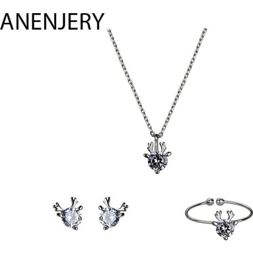 ANENJERY 925 Sterling Silver Tiny Dainty Christmas Gift Cubic Zirconia Deer Necklace+Earrings+Ring Jewelry Sets