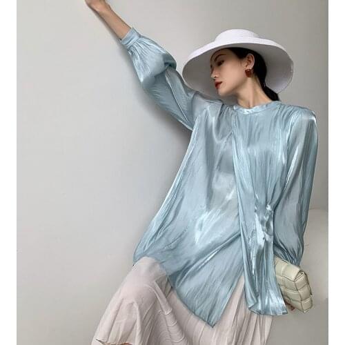 Aqua Blue Satin Long Sleeve Blouse Women 2021 Spring Autumn Asymmetry Ladies Stand-up Collar Ruched Tops Korean Fashion Clothing