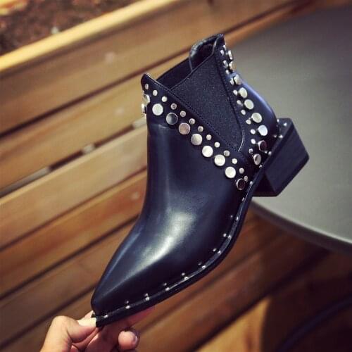 Square Heel Pointed Toe European Style Rivet Ankle Boots Thick Heel Platform Metal Circle Decoration Street Punk Short Boots