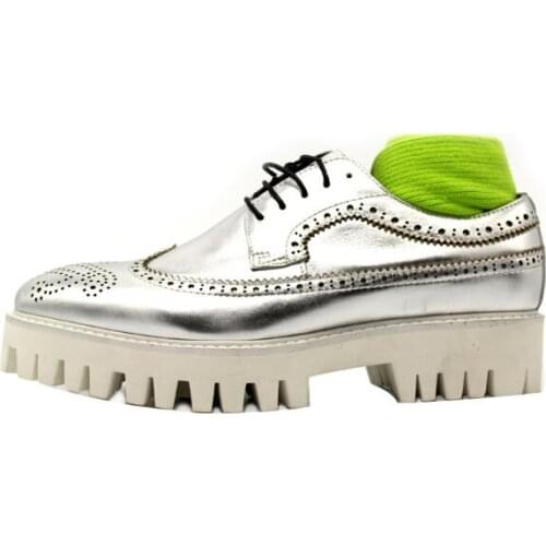 New arrival silver brogue shoes carved lace up handmade genuine leather platform shoes fashion dress shoes
