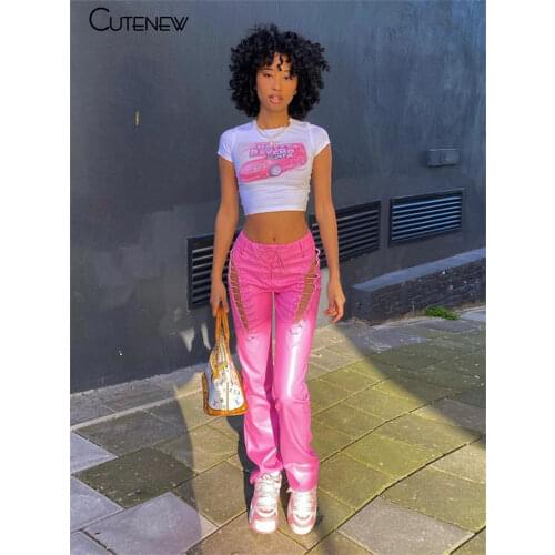 Cutenew Solid Color Hollow Out Bandage Hipster Straight Trousers Women 2021 Y2K PU Leather Fashion Street Style Pants Female Hot