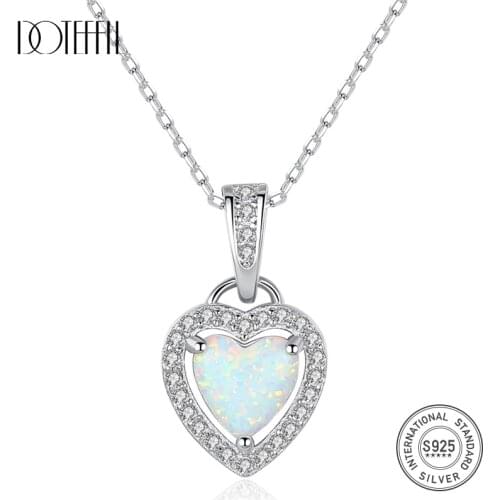 DOTEFFIL 925 Solid Silver Heart Fire Opal Pendant Necklace for Women Sparkling Love Necklace Fine Jewelry Valentines Day Gifts