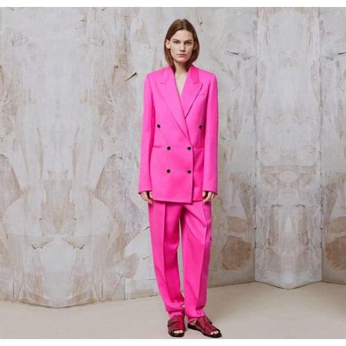 Fuchsia Women Suits Double Breasted Notch Lapel Formal PantSuits Women Full Sleeve Jacket+Pants 2 Pieces Suit Female Pantsuit