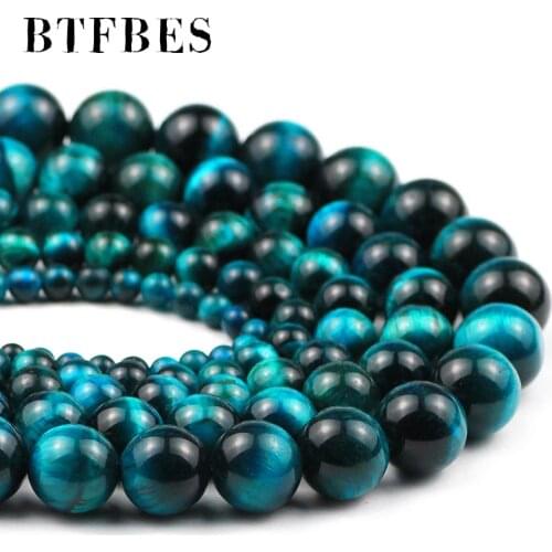 BTFBES Natural Stone Lake blue Tiger Eye Round Loose Beads For Jewelry Making 4 6 8 10 12mm DIY Bracelet Accessories 15'' Strand