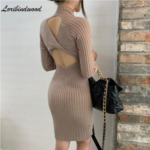 Loribindwood New 2021 Autumn Winter Women Knitted Dresses Package Hip Backless Sexy Turtleneck Elegant Fashion Mini Dresses