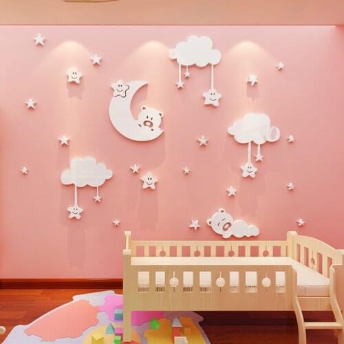 Cute Bear Acrylic 3D Wall Stickers For Kids Room Cartoon Sky Stars Child Room Background Wall Bedroom DIY Warm Art Decor
