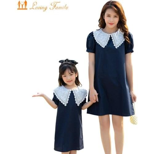Fashion Mother Daughter Dresses Family Clothing 2021 Summer Family Matching Outfits Navy Blue Women Girl Dress Clothes