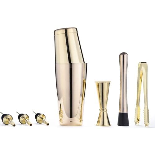 Premium 7 Pieces Bar Tool Set: 18/8 stainless steel Boston Shaker, 25/50ml Double End Jigger, Muddler, Ice Tong & 3 Pourers