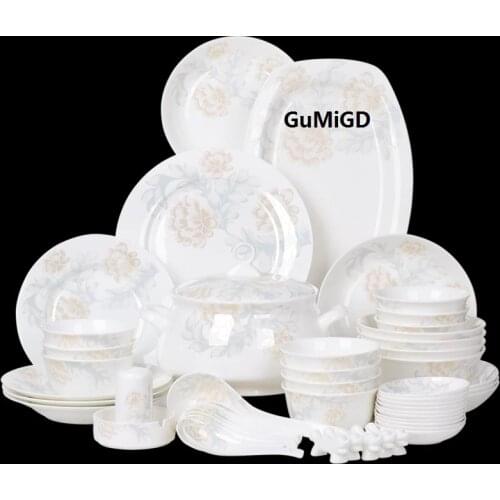 Guci Tangshan 60pieces Chinese Bone Porcelain Tableware Set Household Simple Ceramic Tableware Plate Set Relocation Gift