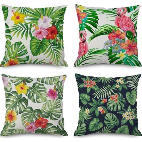 Hawkalice Green Leaf And Flamingo Throw Pillow Covers 4 PCS No Filler Linen Cushion Covers 18“X18” For Company Private Car Decor