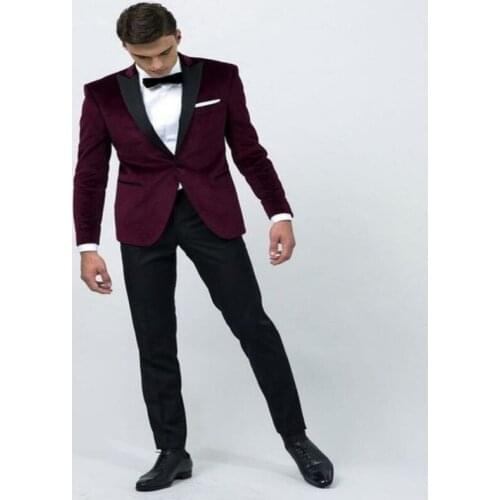 Latest Coat Pant Designs Purple Red Groom Tuxedos Black Lapel Mens Wedding Prom Party Suits Groomsman Suit(Jacket+Pants)