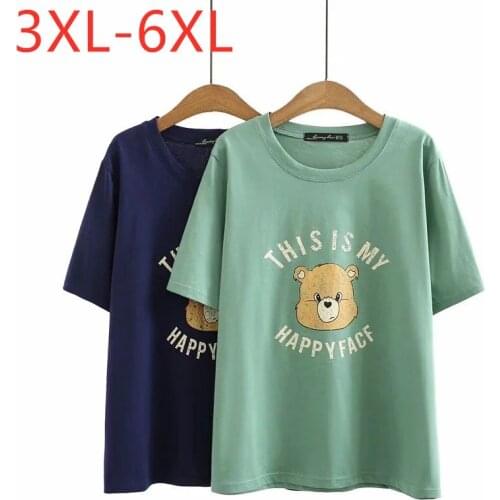 New 2021 Ladies Summer Plus Size Top For Women Large Short Sleeve Loose Cotton Green Blue Print O-neck T-Shirt 3XL 4XL 5XL 6XL