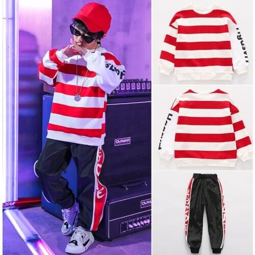 Hip Hop Clothing Clothes Jazz Dance Costume Red Stripe Tops Jogger Pants for Girls Boys Ballroom Dancing Streetwear