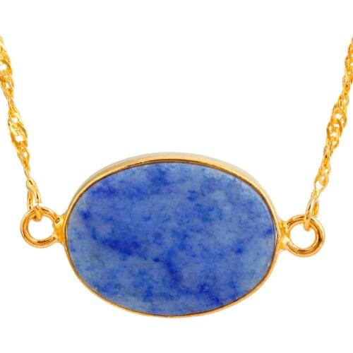 SUNYIK Blue Stone Oval Stone Side Ways Connector Pendant,Gold Tone (Free Chain)