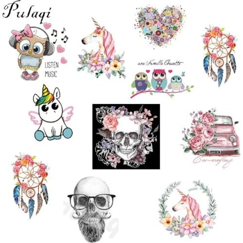 Pulaqi Unicorn Owl Animal Patches Punk Style Heat Transfers for T-shirt Coat Applique Dreamcatcher Diy Garment Accessories B