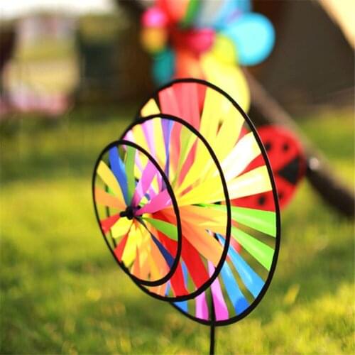 Rainbow Colorful windmill garden decoration Triple Circles Wind Spinner Round Rainbow Pinwheel Garden Decoration