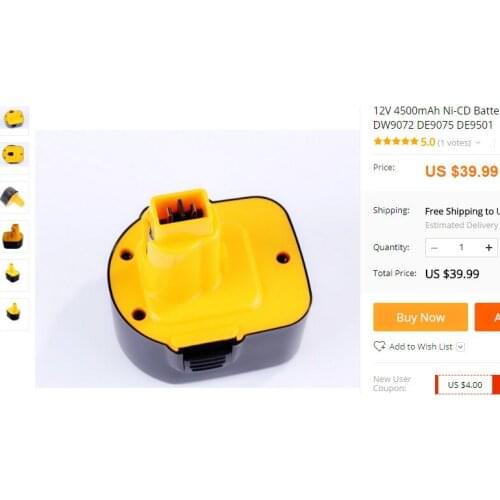 12V 4500mAh Ni-CD Battery Replacement for Dewalt DC9071 DE9037 DE9071 DW9072 DE9075 DE9501