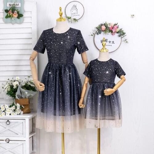 Dark Blue Sky Star Print Mommy and Me Dresses Summer New Desgin Short Sleeve Mother Daughter Dresses Family Matching Outfits