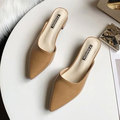 Sexy Pointed Toe Womens Slippers Slip On Ladies Mules Low Heel Woman PU Leather Pumps Summer Casual Slides Female