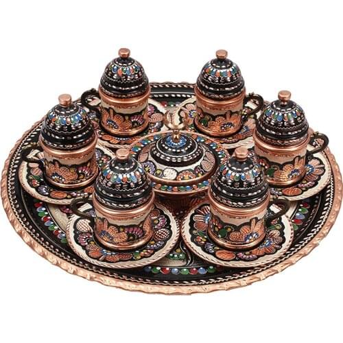 Turkish Authentic Copper Handmade Greek Arabic Italian Coffee Serving Cup Set 6 cups, 6 saucers, 1 tray, 1 Turkish delight bowl