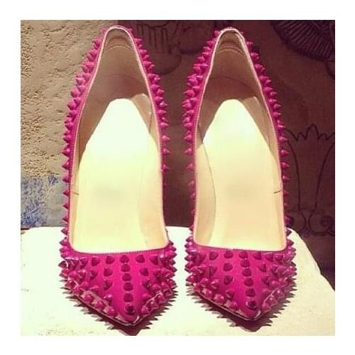 Moraima Snc Rose Pink Rivets Studded Woman High Heels Sexy 12/10cm Thin Heels Party Dress Shoe Shallow Stiletto Heels
