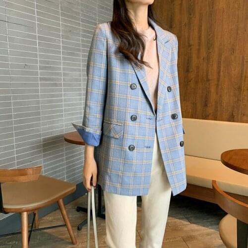 Winter clothes women Double-breasted suit blazer coat female autumn loose blue plaid suit jacket blazer feminino long blazer